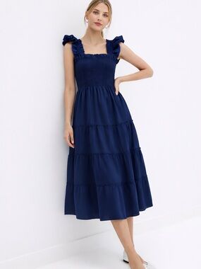 Hill House Home Ellie Nap Midi  Dress XS Navy Smocked Tiered Midi NWT